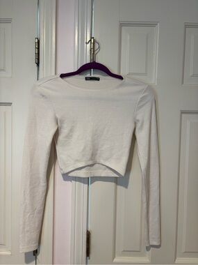 Zara White Long-Sleeve Ribbed Crop Top